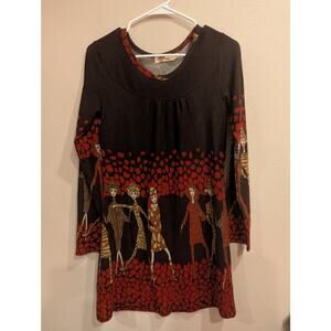 Long sleeve midi sweater dress in brown & red tones & fashionista print Aryah S